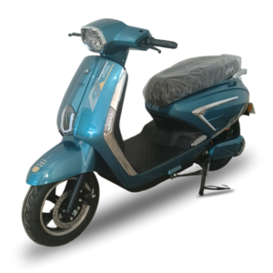 Ocean blue eRise E9 Pro Vespa U-Light electric scooter in an angled side view.
